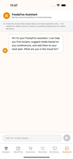 FoodyFoo Assistant chat screen with a note that it provides recipe ideas and meal inspiration only, not medical or dietary advice