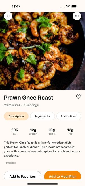FoodyFoo recipe page for Prawn Ghee Roast showing calories, protein, carbs and fat per serving, with Add to Favorites and Add to Meal Plan buttons