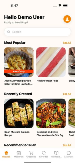 FoodyFoo Recipes tab with a search box and rows of Most Popular and Recently Created recipes
